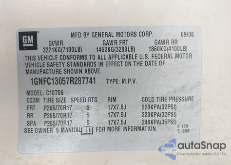 2007 Chevrolet Tahoe Ls z USA, uszkodzony, nr VIN 1GNFC13057R287741